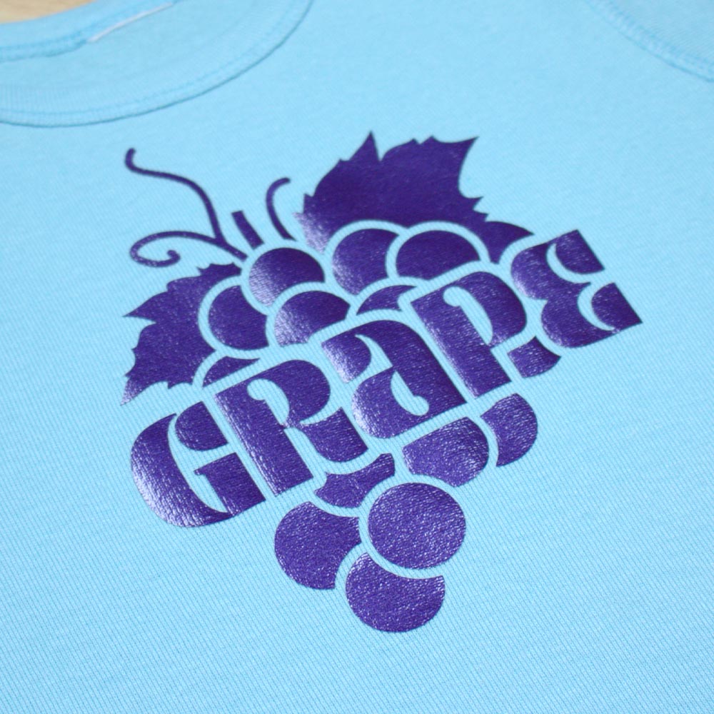 Light blue vinyl sample printed with lavender electric HTV design