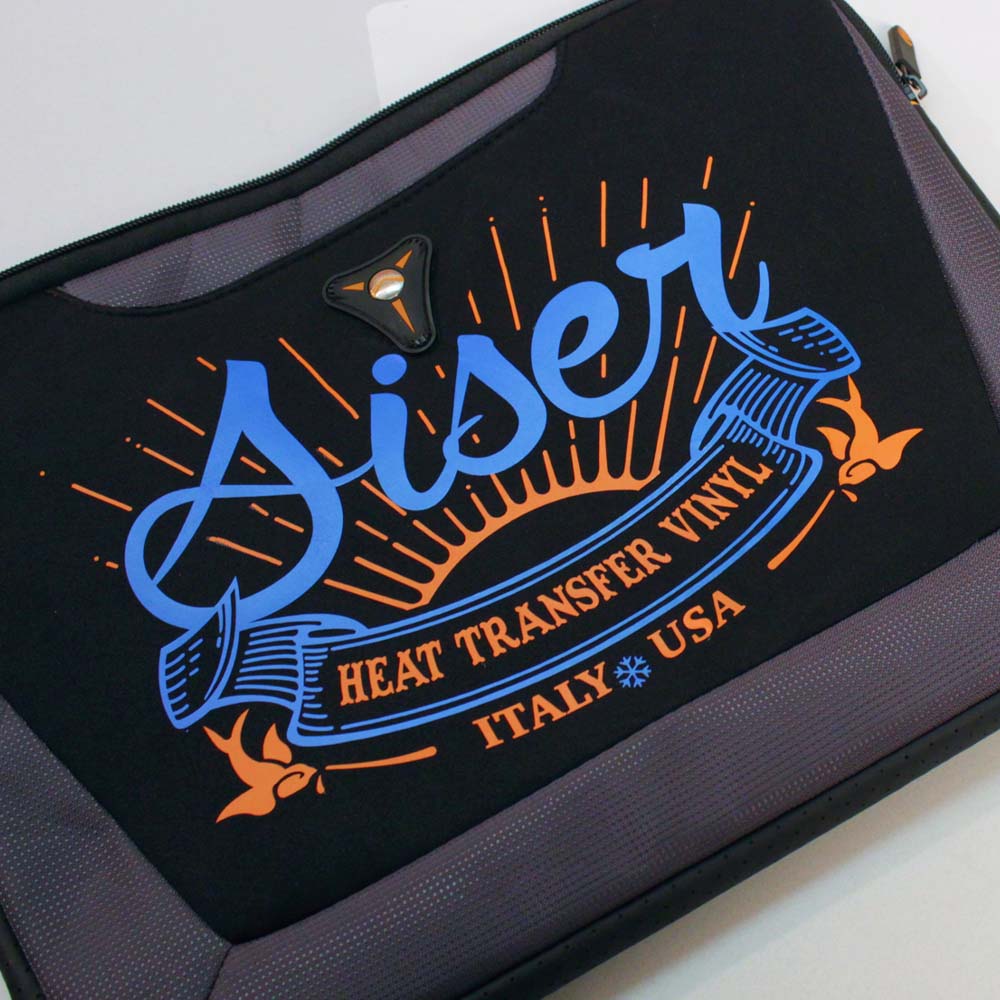 Black nylon surface printed with Siser nylon heat transfer vinyl logo