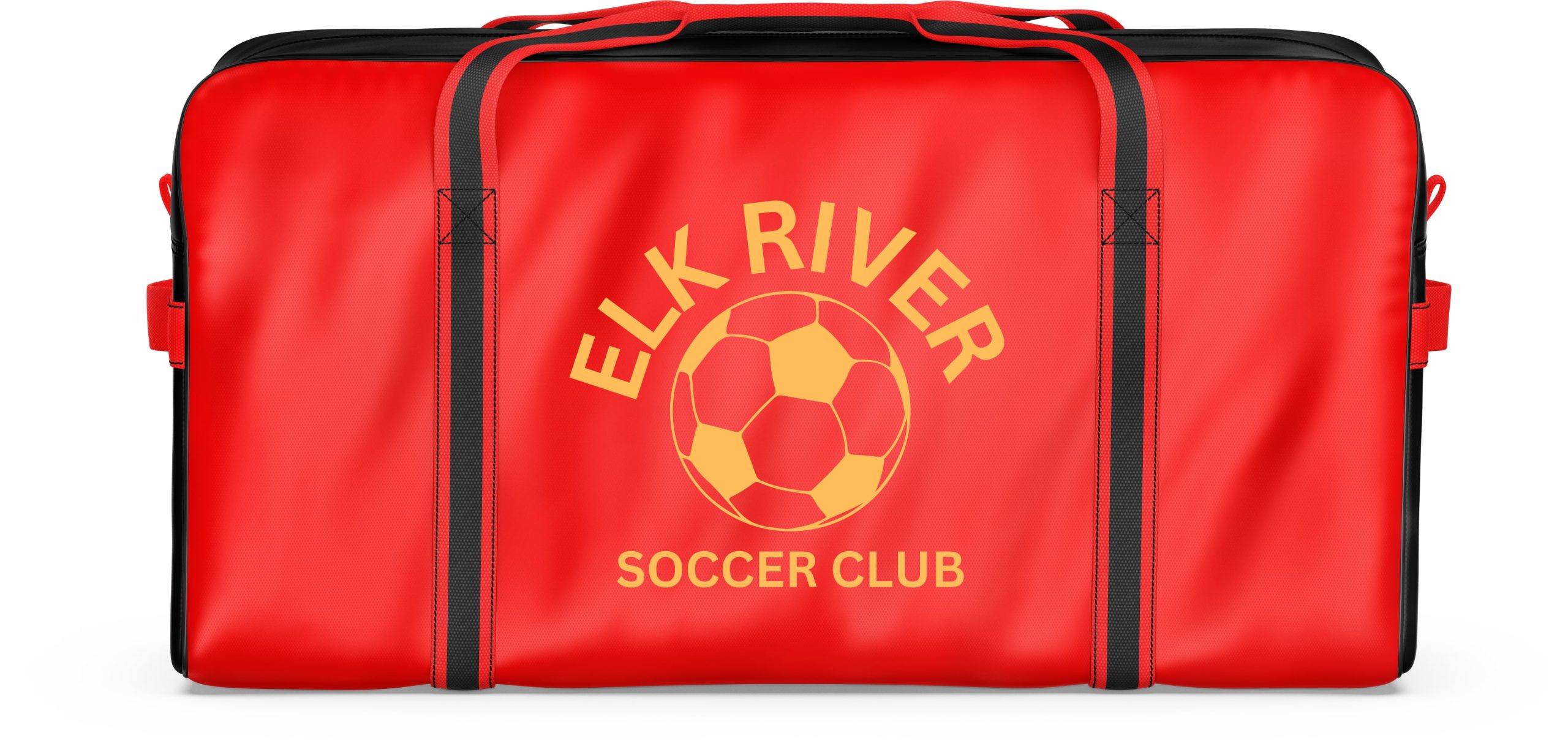 Red nylon tote bag featuring Hot Printz™ DTF transfer Elk River Soccer logo