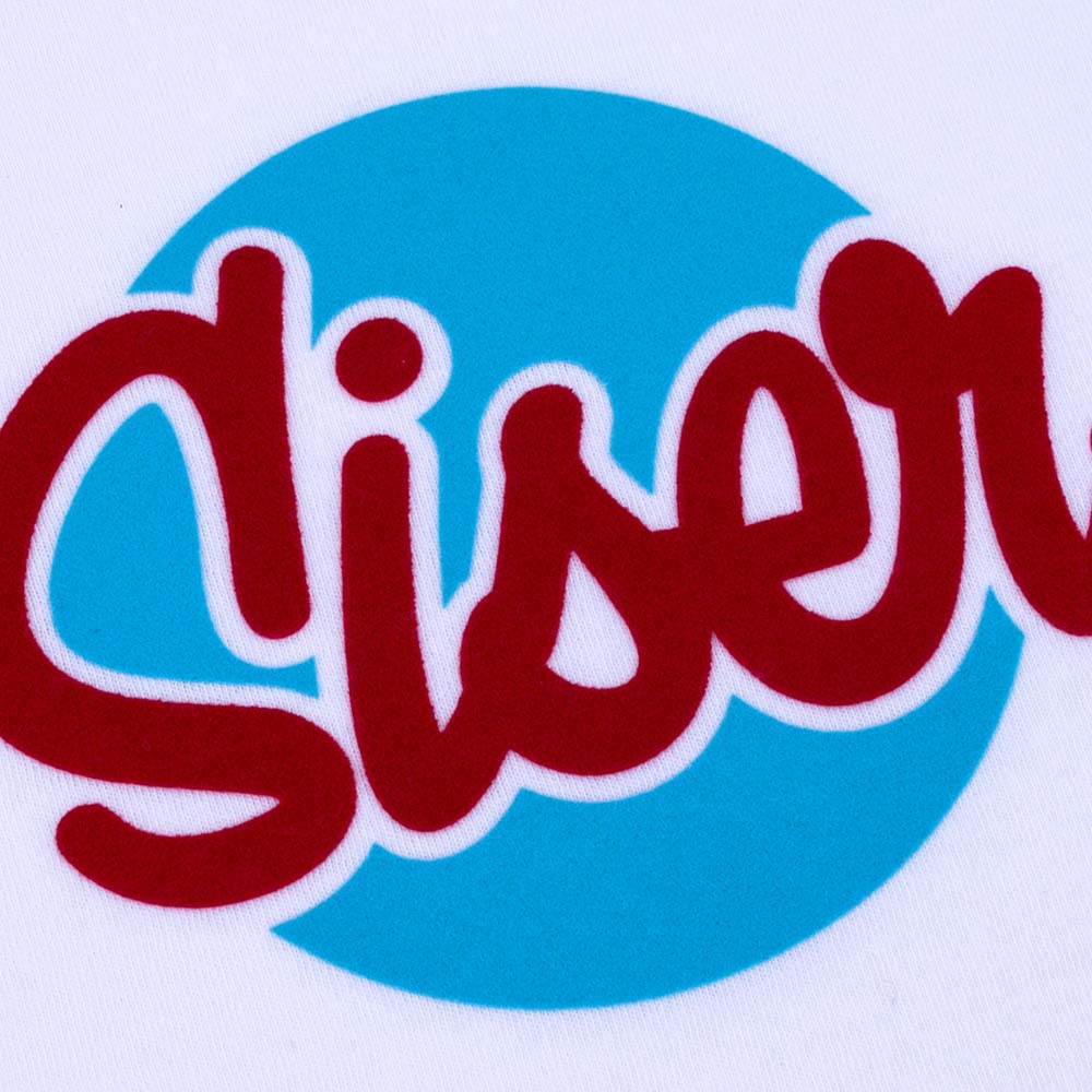 StripFlock heat transfer vinyl logo design in blue and red