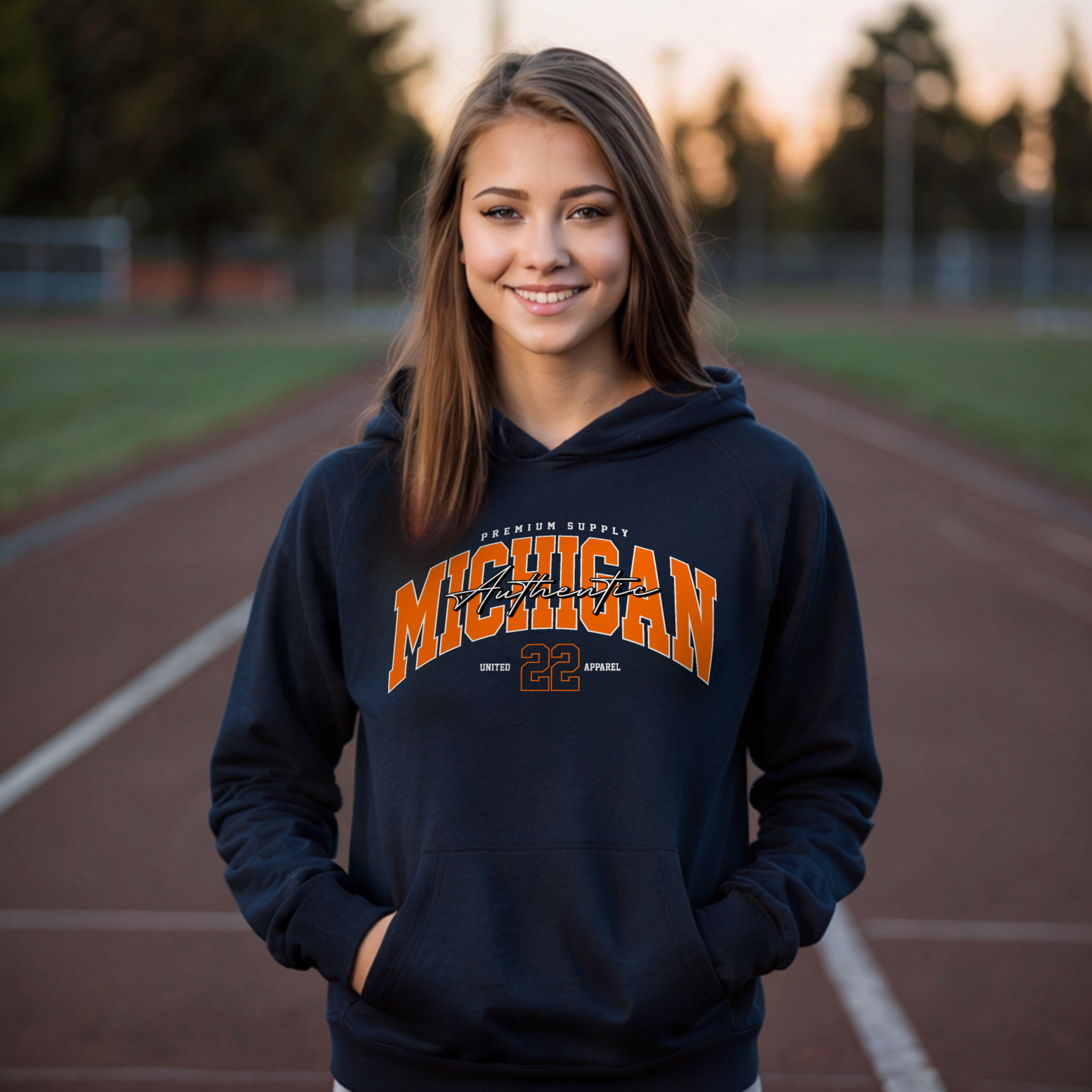 Young woman wearing navy hoodie printed with Easy Ink™ heat transfer logo by Apex Transfers