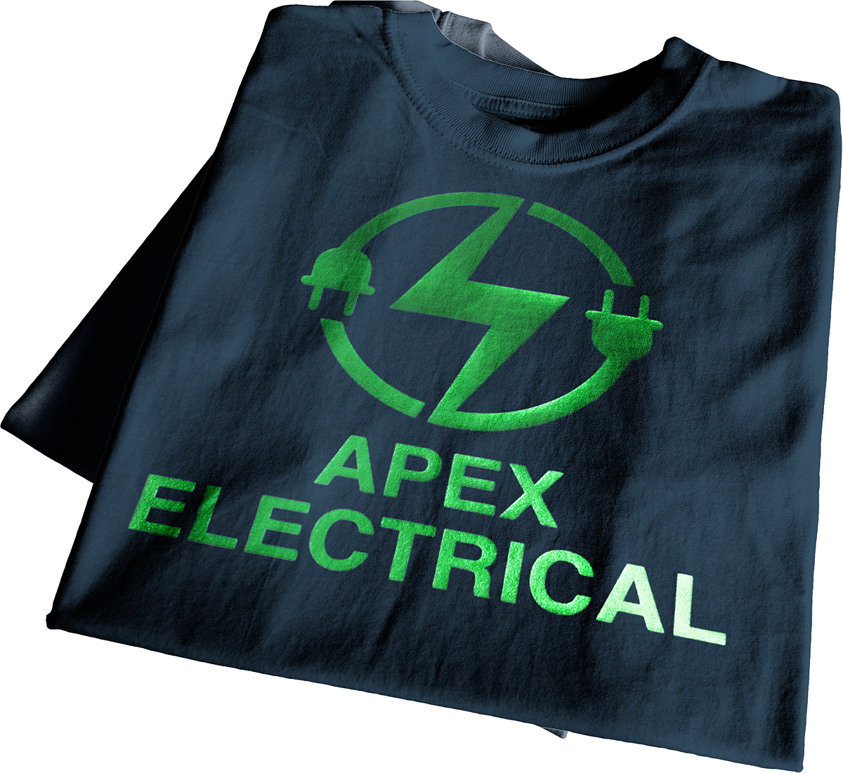 Black cotton t-shirt printed with bright green electric HTV design
