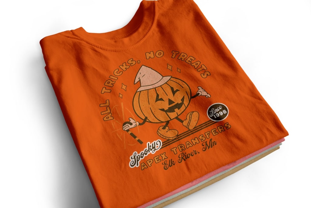 Orange cotton t-shirt with Halloween fashion ink transfer by Apex Transfers