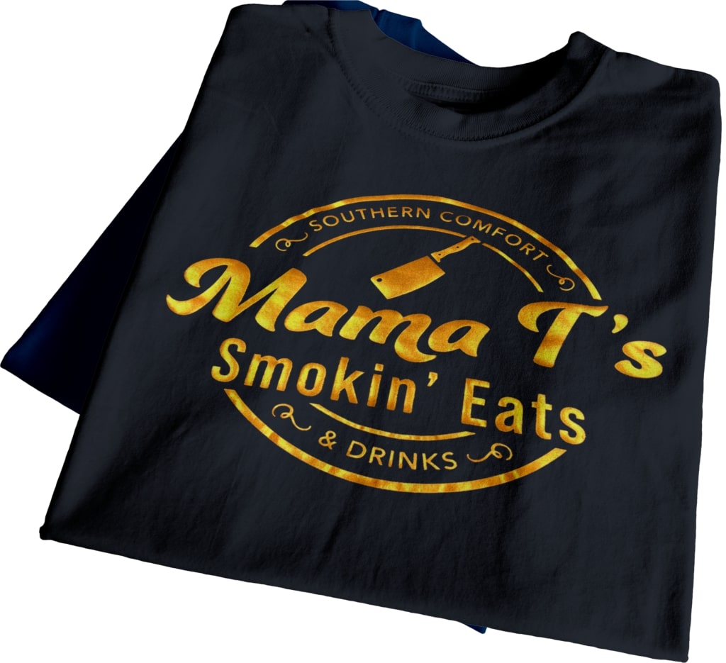 Black cotton t-shirt featuring metallic gold HTV transfer by Apex Transfers