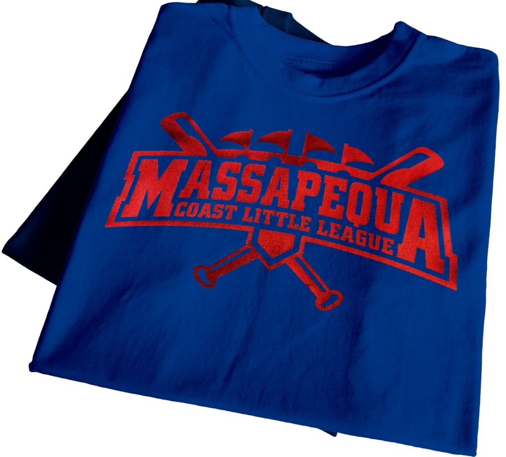 Royal blue t-shirt with metallic red HTV transfer by Apex Transfers