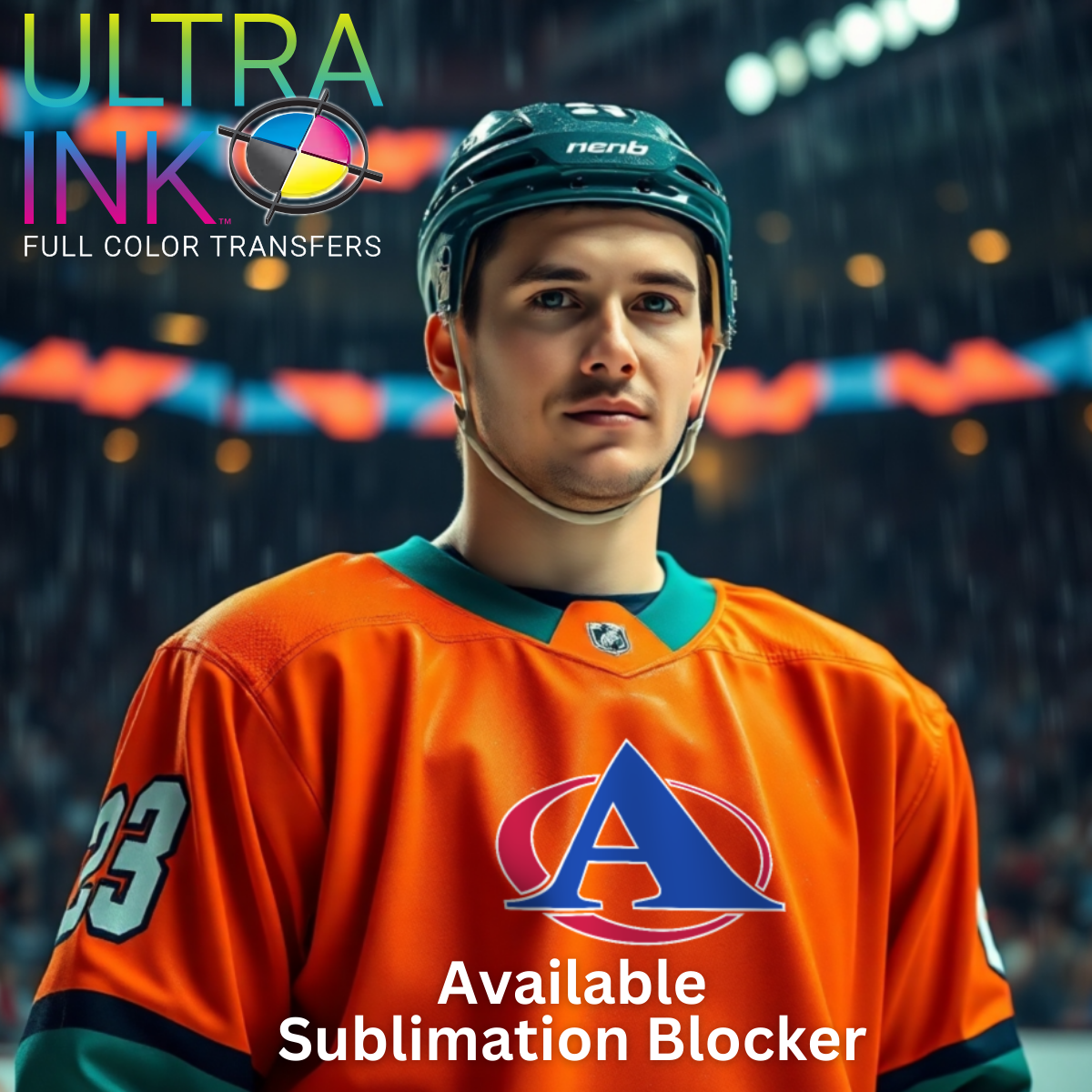 Athlete wearing orange jersey with Ultra Ink™ heat transfer sublimation blocker