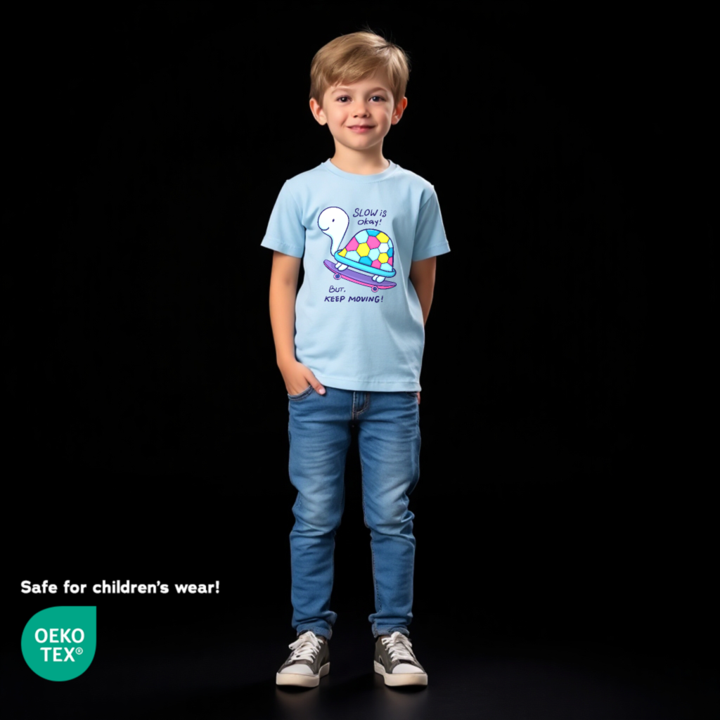 Child wearing white t-shirt decorated with Ultra Ink™ full-color heat transfer