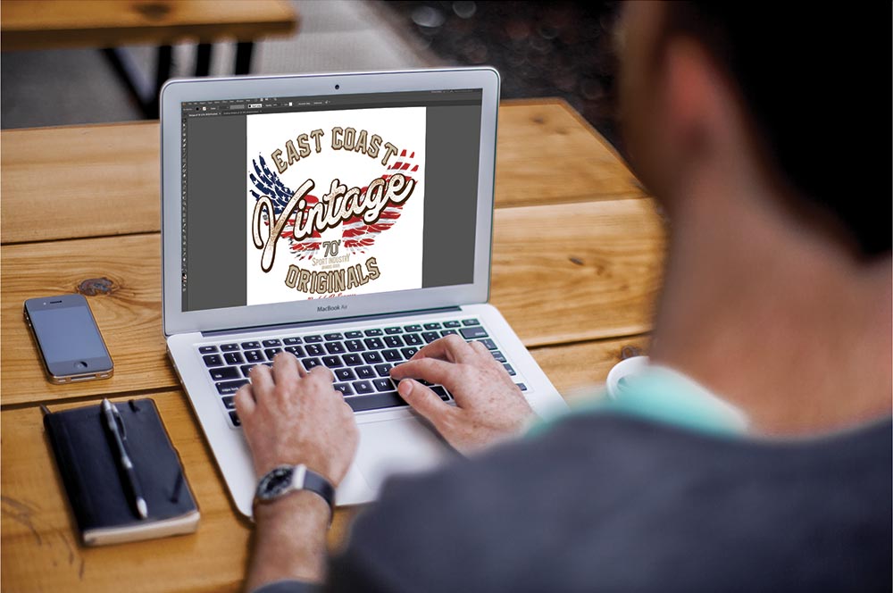 Computer screen displaying custom artwork for heat transfer printing