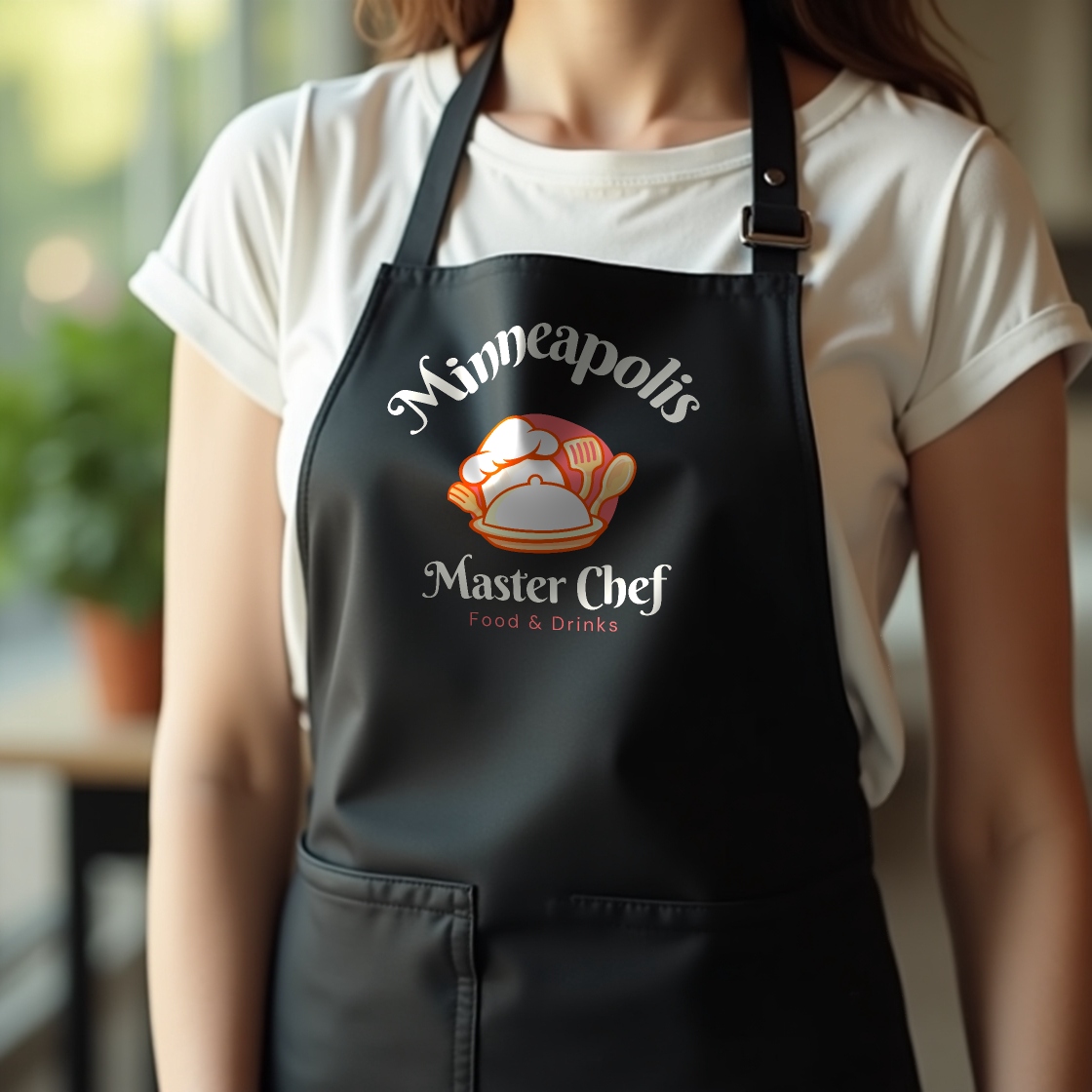 Black apron with custom logo heat transfer by Apex Transfers