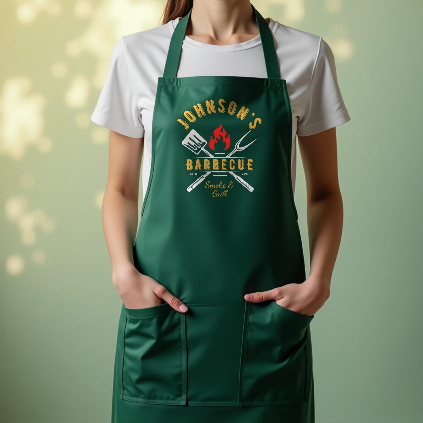 Kelly green apron with custom logo heat transfer by Apex Transfers