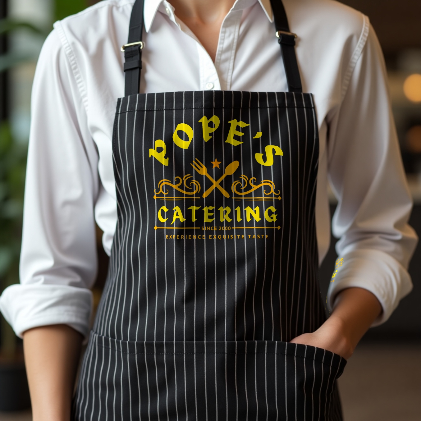 Black pinstripe apron with custom logo heat transfer by Apex Transfers