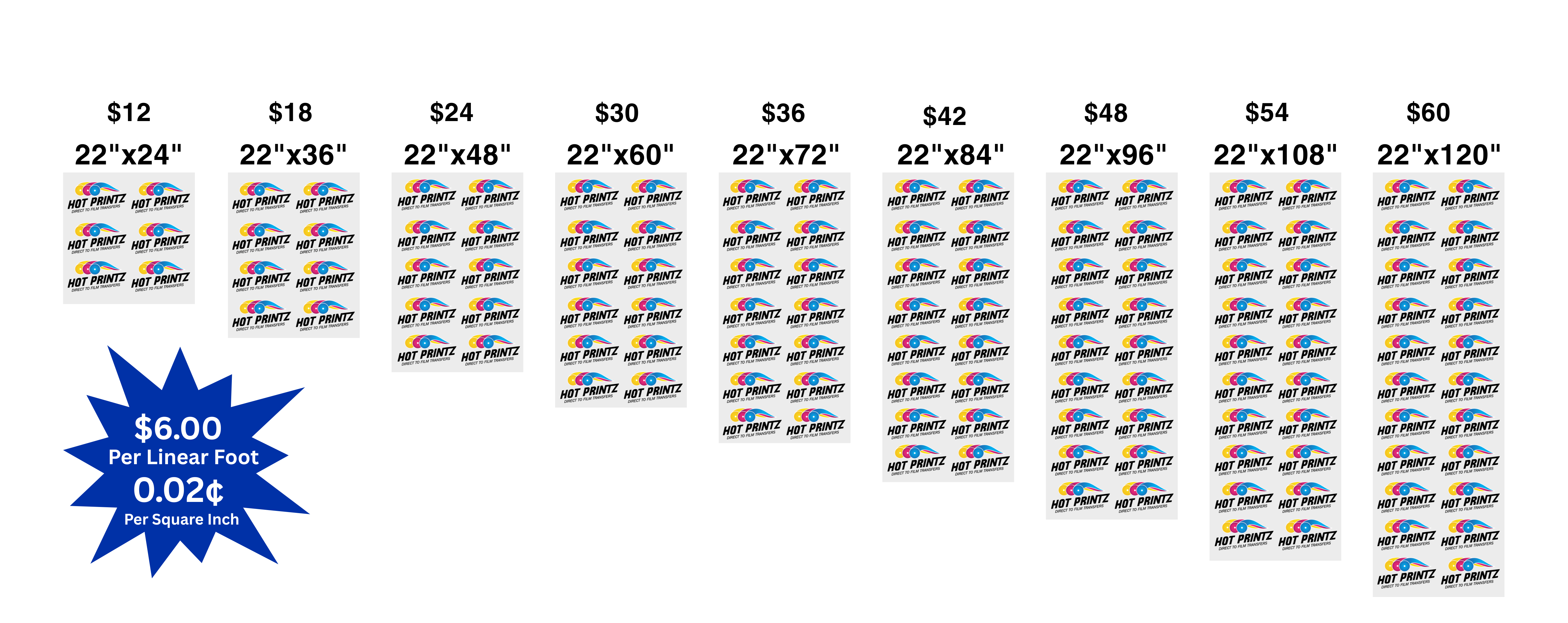 Hot Printz™ DTF heat transfer gang sheet prices by sheet size