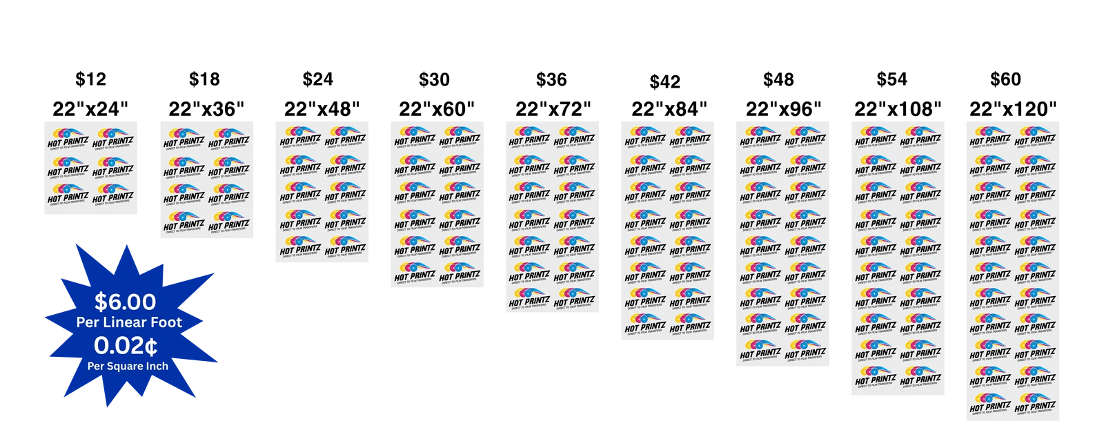 Hot Printz™ DTF heat transfer gang sheet prices