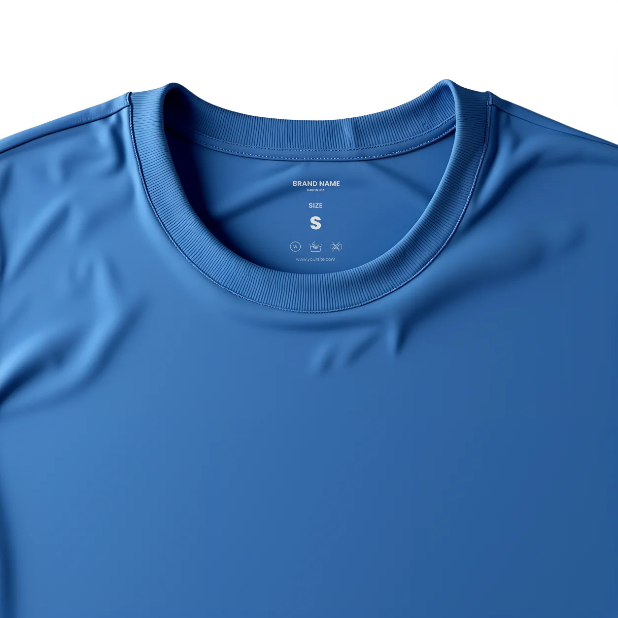 royal blue 100% polyester t-shirt with white Hot Printz™ DTF heat transfer care label in neck
