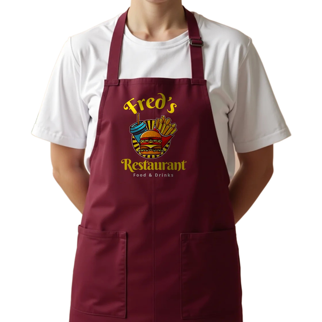 Burgundy colored restaurant apron with Hot Printz™ DTF heat transfer logo of Fred's Restaurant in the center