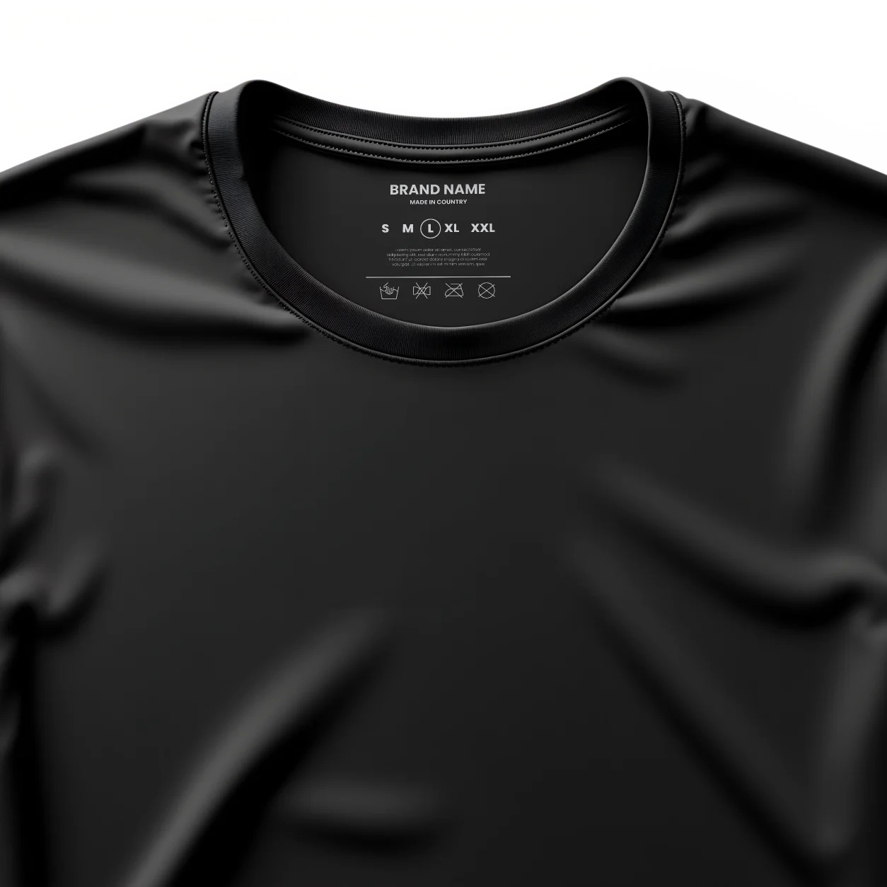 Black 100% polyester t-shirt with white Hot Printz™ DTF heat transfer care label in neck