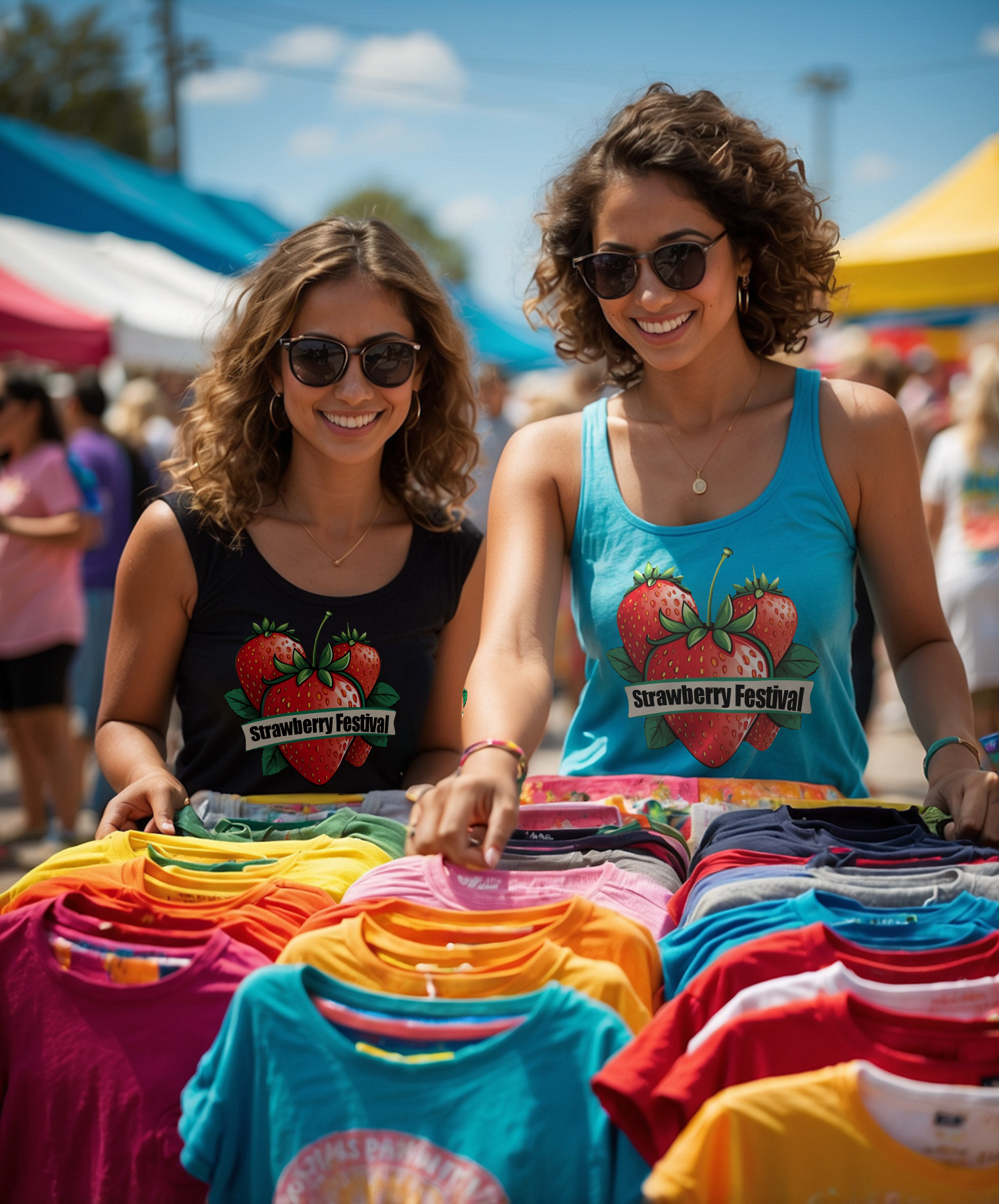 Festival workers selling custom printed t-shirts at outdoor event