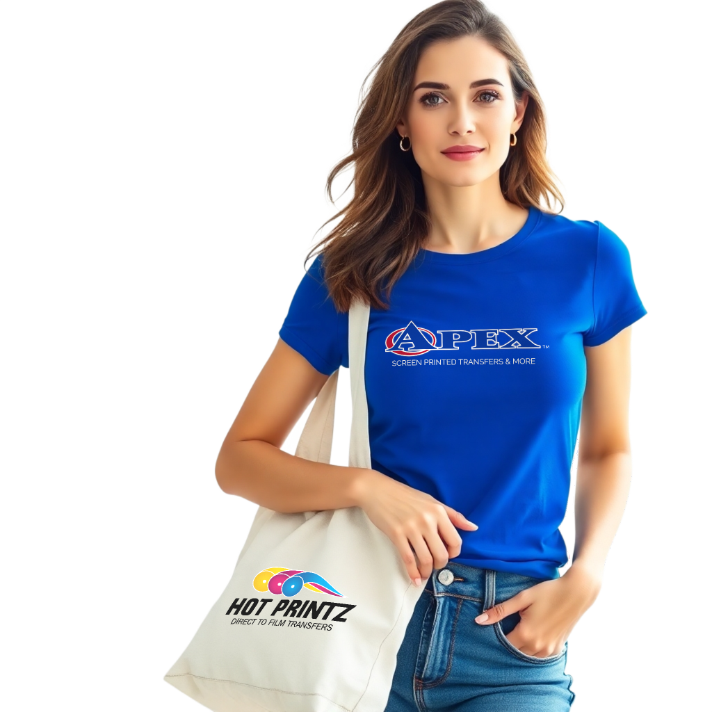 young woman with blue t-shirt and canvas tote bag with printed heat transfers using Hot Printz™ DTF heat transfers by Apex Transfers