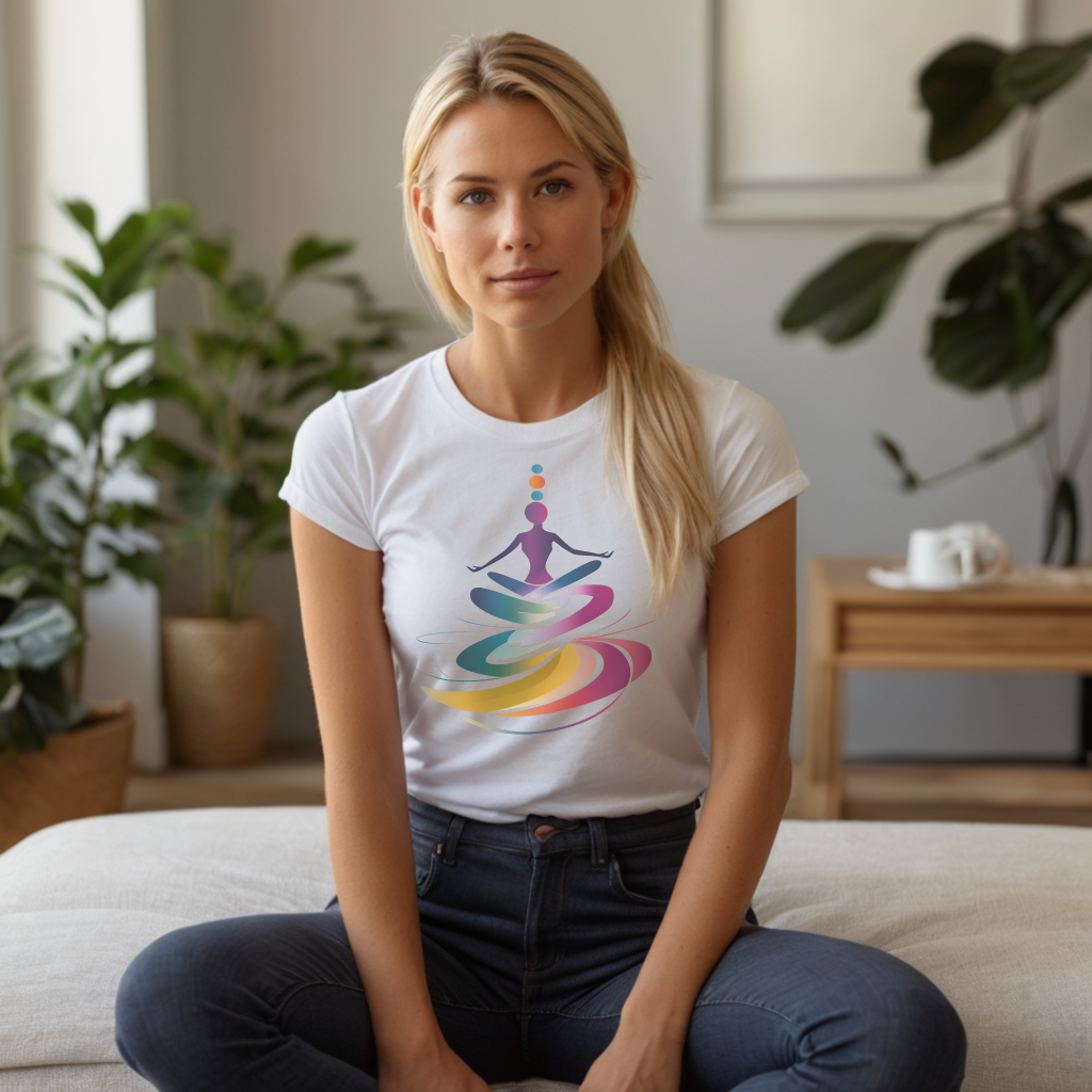 Woman wearing yoga t-shirt with custom heat transfer design