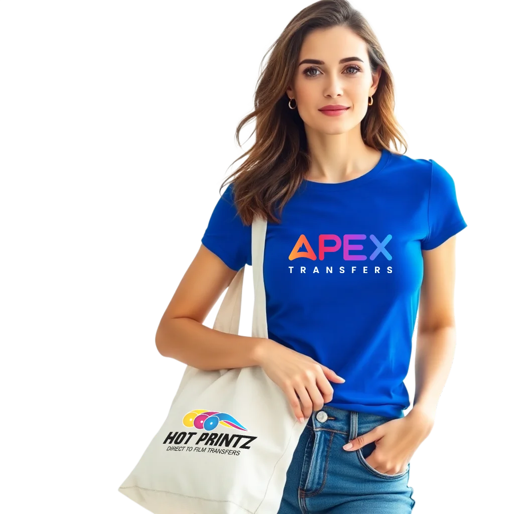 young woman with blue t-shirt and canvas tote bag with printed heat transfers using Hot Printz™ DTF heat transfers by Apex Transfers